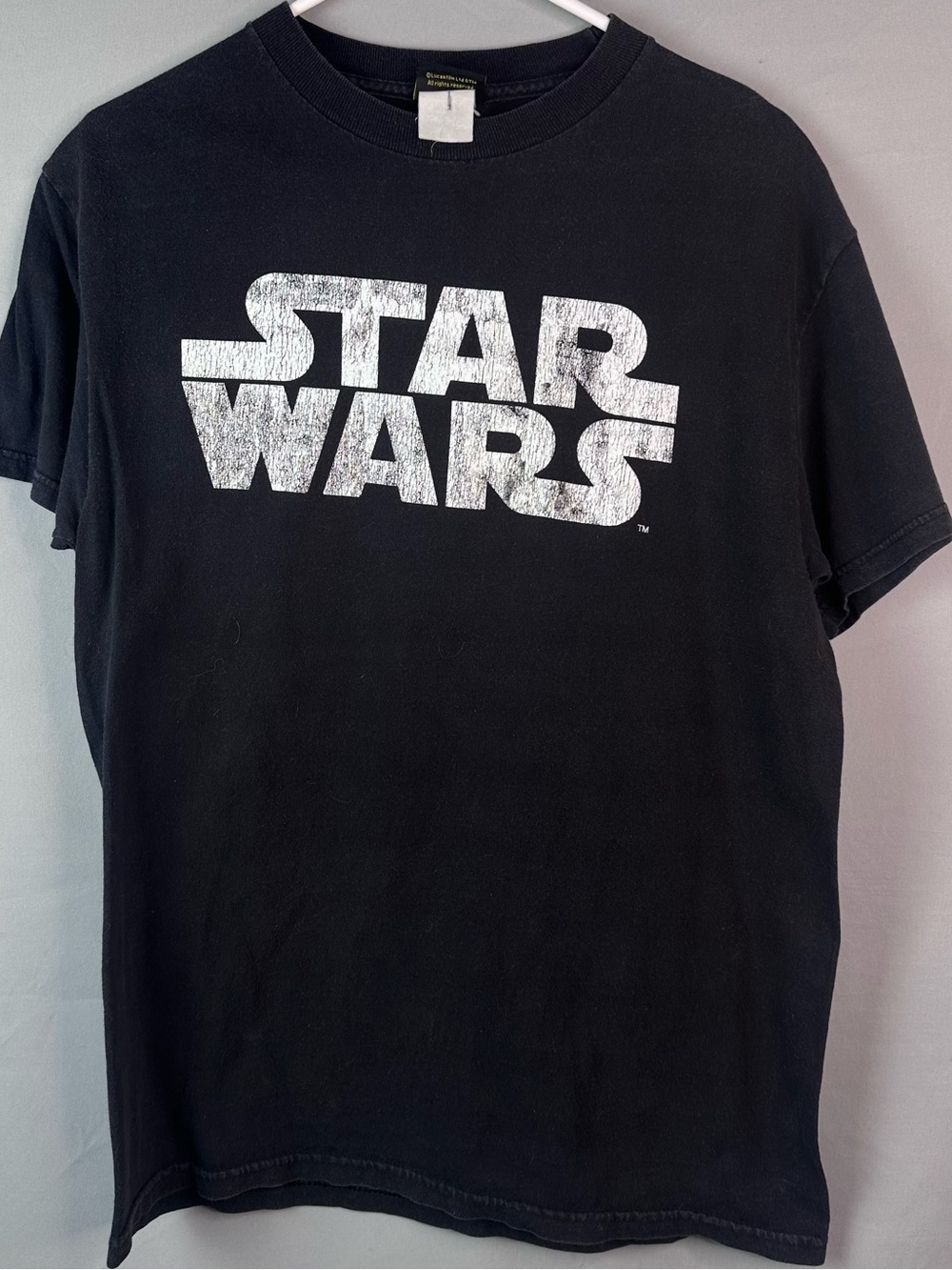 Vintage Star Wars Spellout Logo T-Shirt Black Faded Distressed Mens Size L